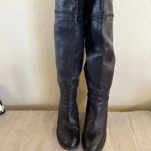United Colors Of Benetton Black Leather Heeled Knee Hight Boots Sz 9-9.5 - Picture 6 of 15